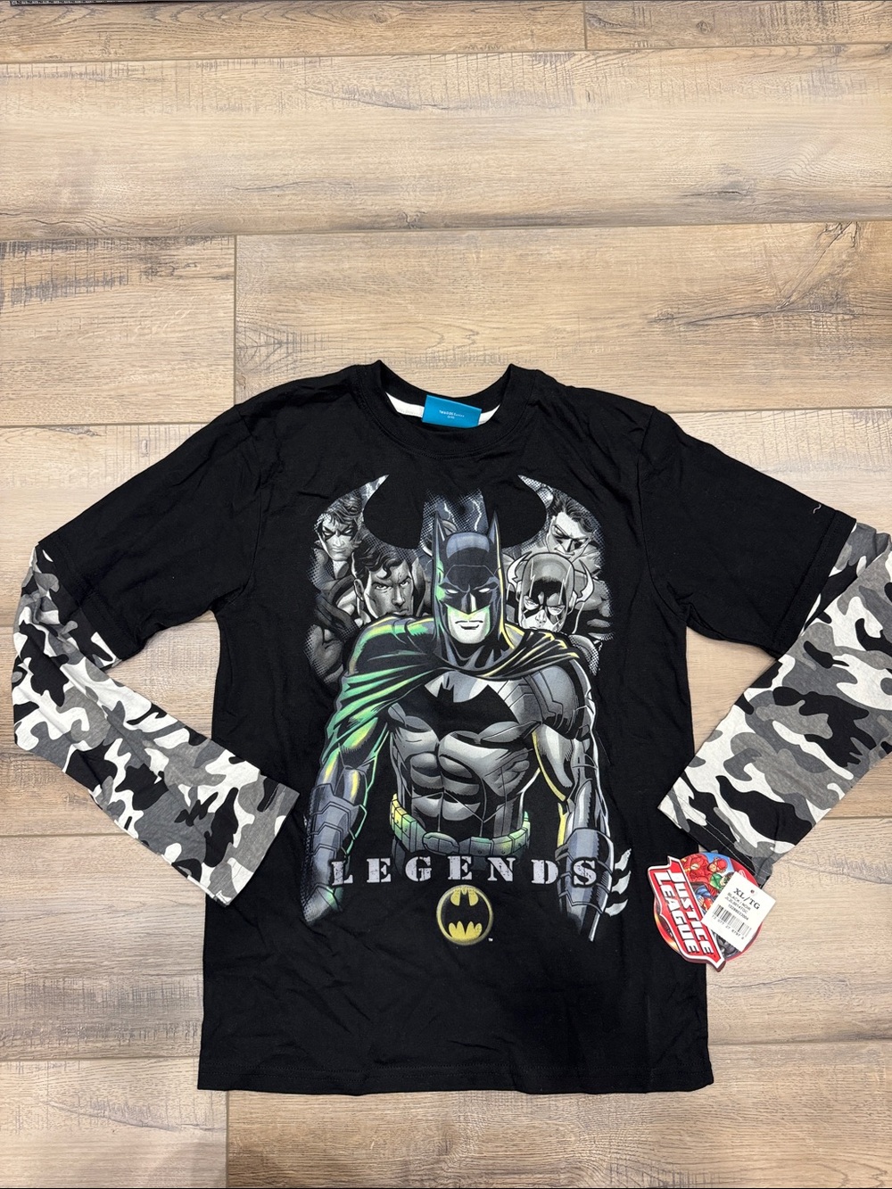 DC Comics Black Batman 'Legends' Long Sleeve Tee with Gray Camo Sleeves